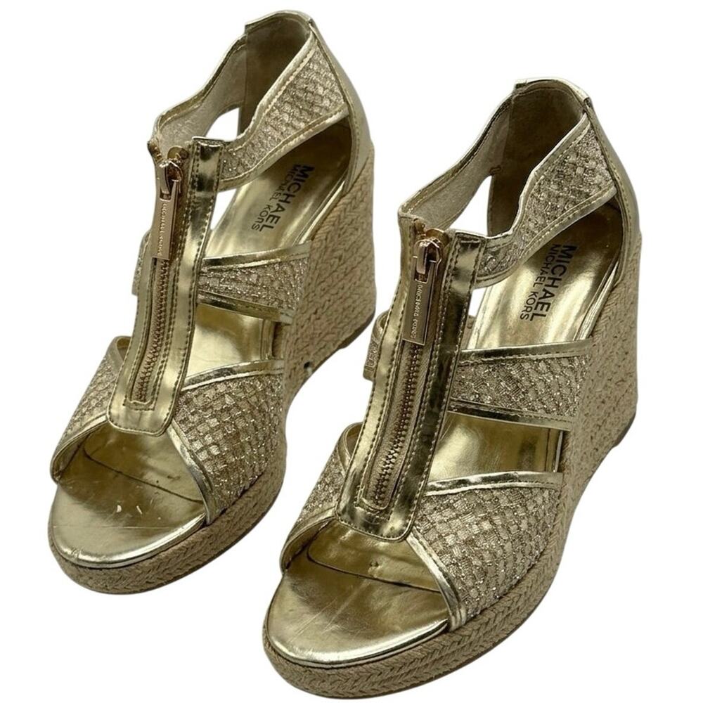 Damita Gold Mesh Zip Espadrille Wedge Sandals Women's Size 4